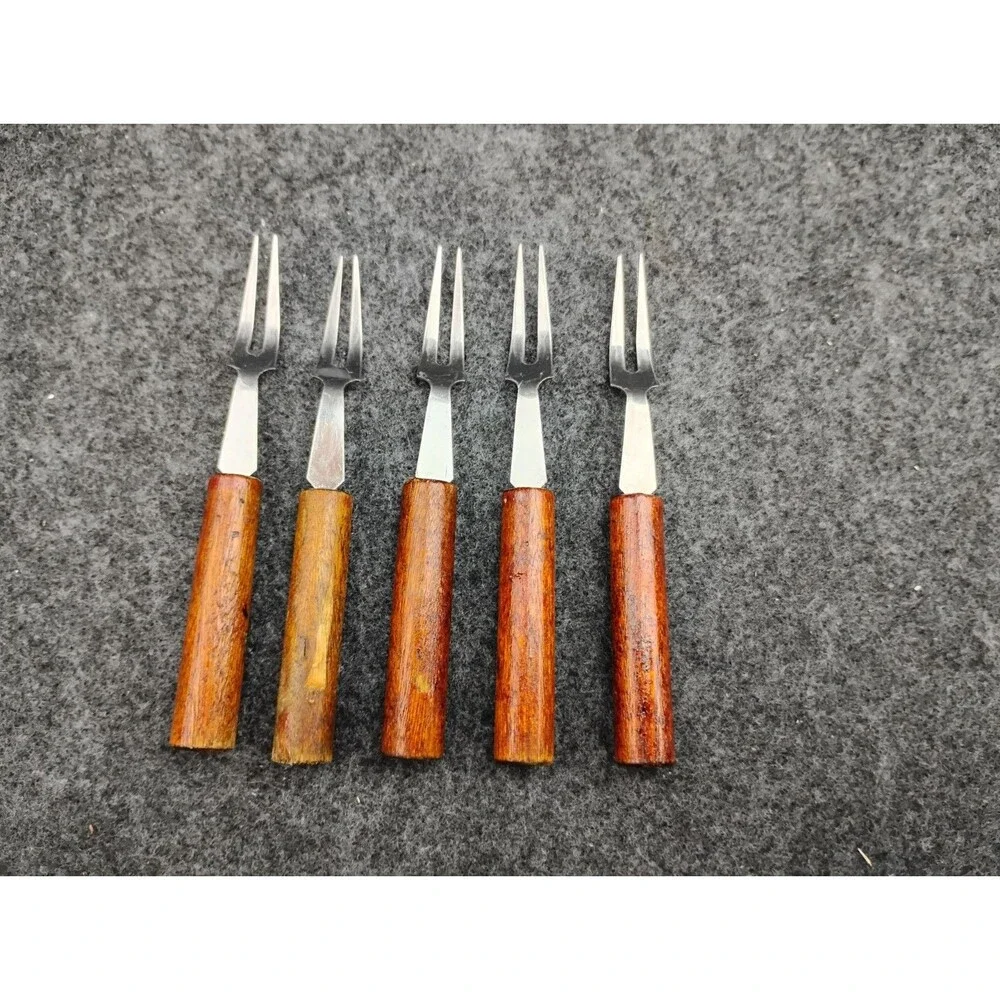 Vintage MCM Appetizer Cocktail Mini Forks Set Of 5 Wood Handle